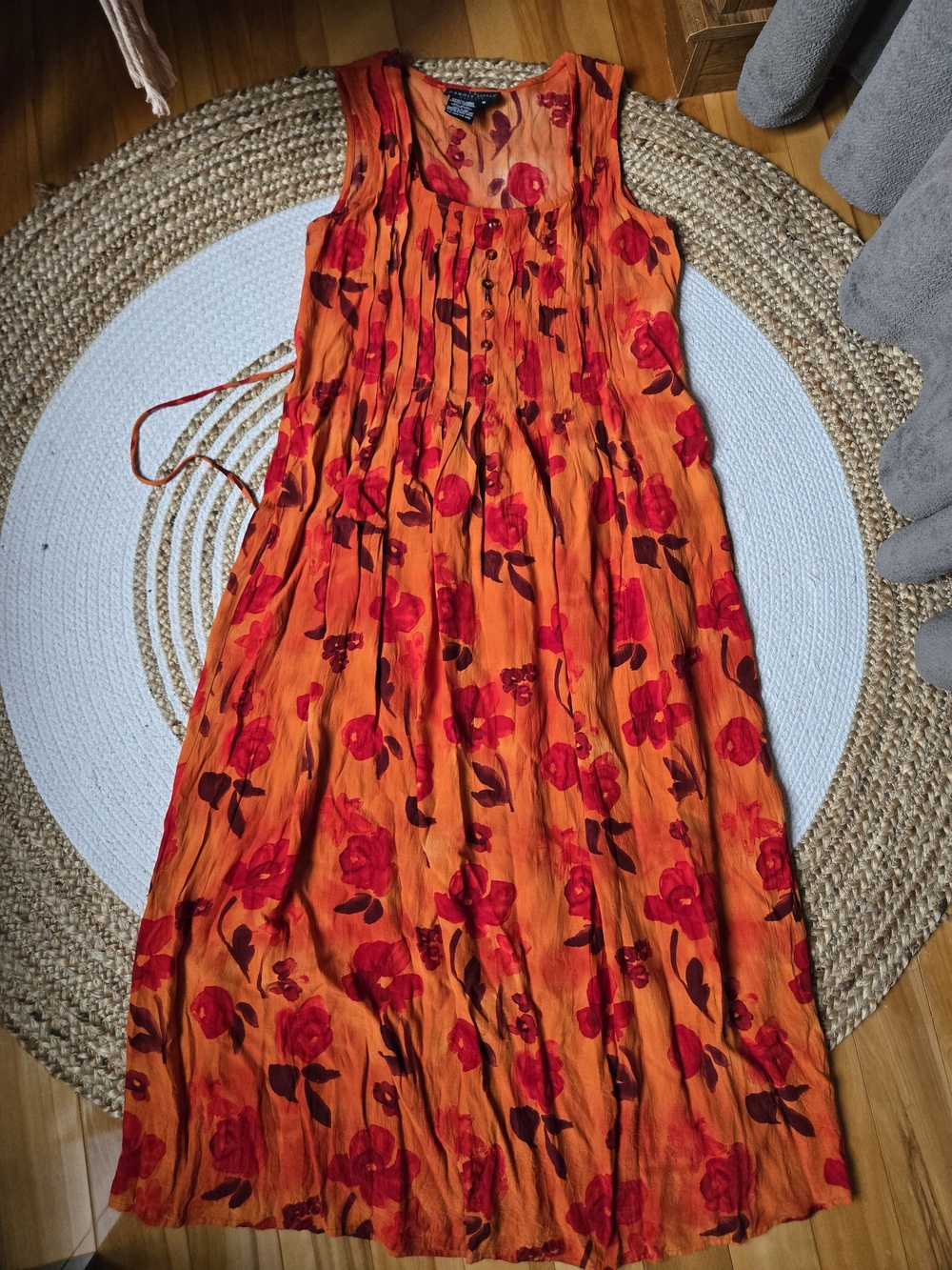 Vintage 80s/90s House Dress Orange with Red Floral Print Cottagecore Summer